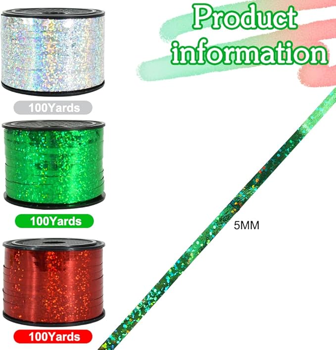 BEISHIDA 3 Pack Christmas Curling Ribbons Red Green Silver Balloons String - Image 2