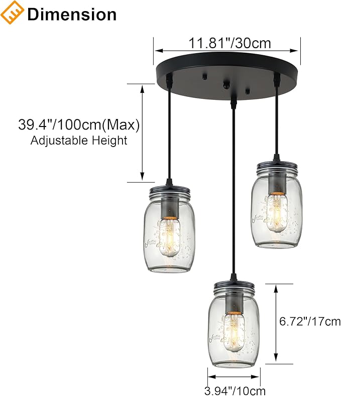 Kitchen Island Light, Adjustable Pendant Lighting, Glass Mason Jar Hanging Lamp - Image 3