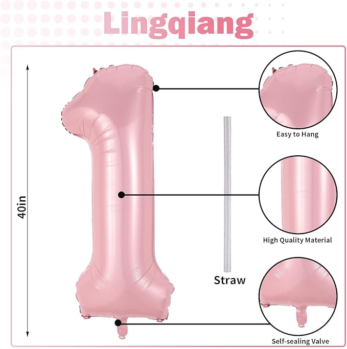 Pastel Pink 1 Balloons, 40 Inch Giant Light Pink Helium Foil Number 0-9 - Image 2
