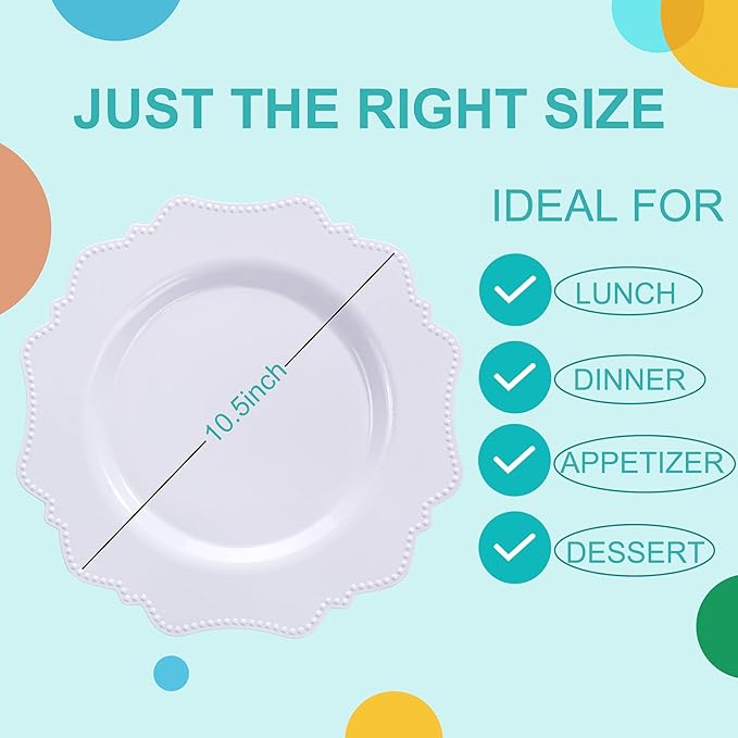 COLOSUS 100pcs 9.5 Inch-White Plastic Dinner Plates, Fancy White Plastic Plates - Image 4