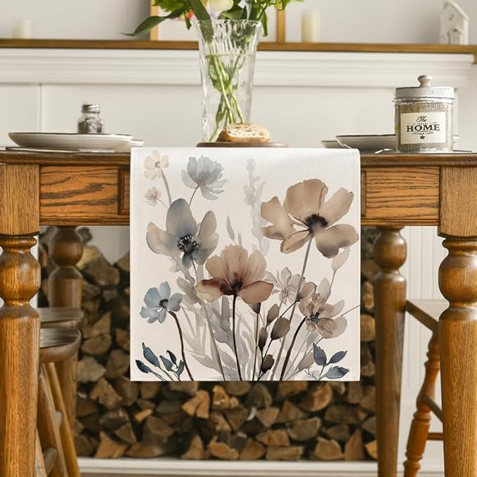 Artoid Mode Brown Poppy Floral Leaves Spring Table Runner, Seasonal Summer - Image 2