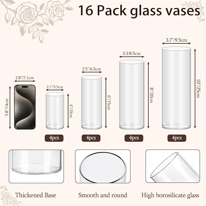 16 Pack Glass Cylinder Vases 4, 10 Inch Tall Clear Flower Vases - Image 2