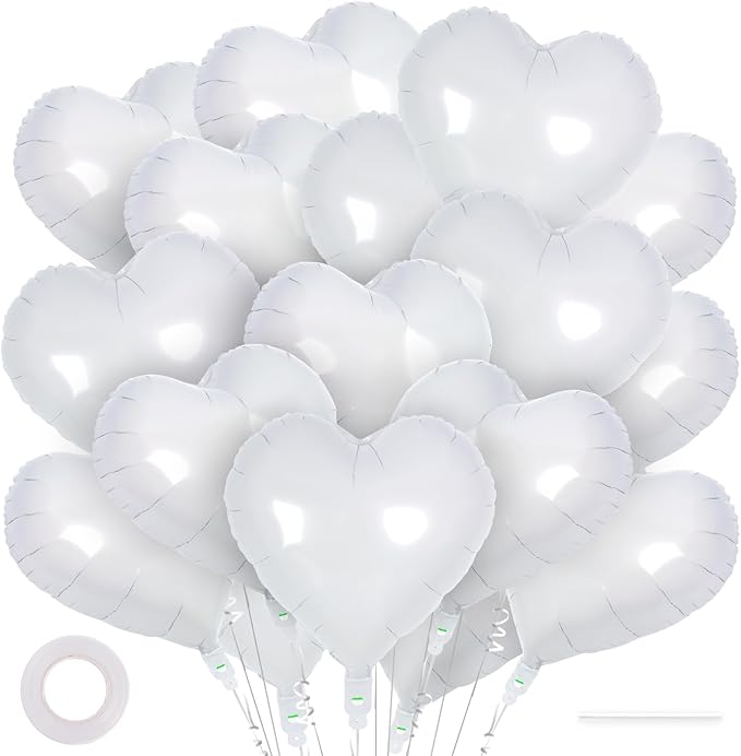 24 White Heart Balloons, 18 inch Heart Shape Foil Balloons by YOTHORN