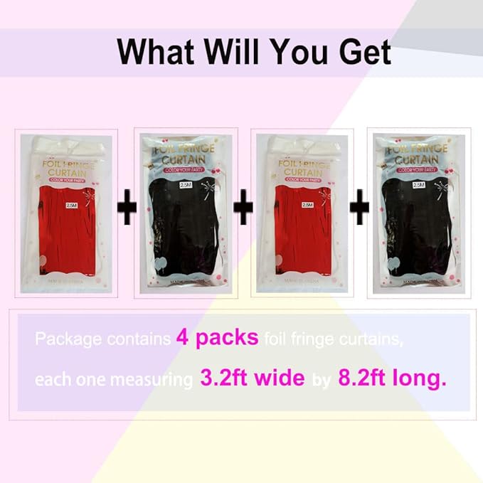 Red and Black Party Decorations- 4 Pack of 3.2x8.2ft Foil Fringe Curtains - Image 3