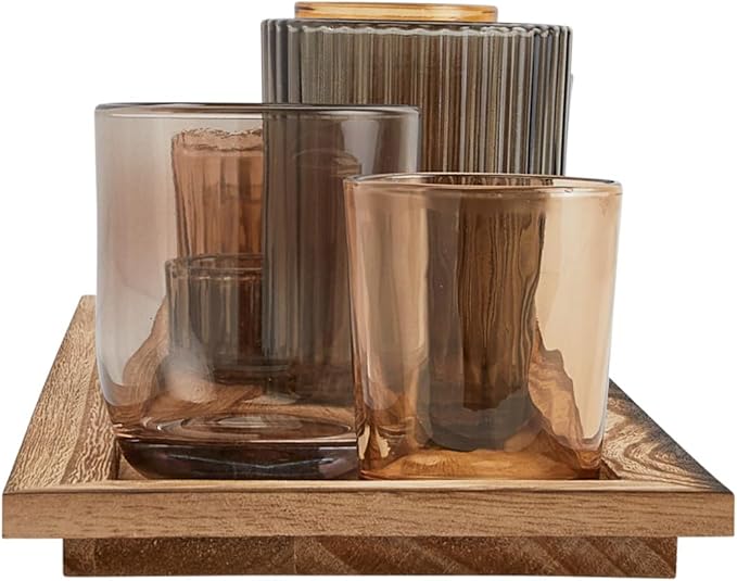 Wood Tray with 9 Brown Glass Votive Holders - Image 8