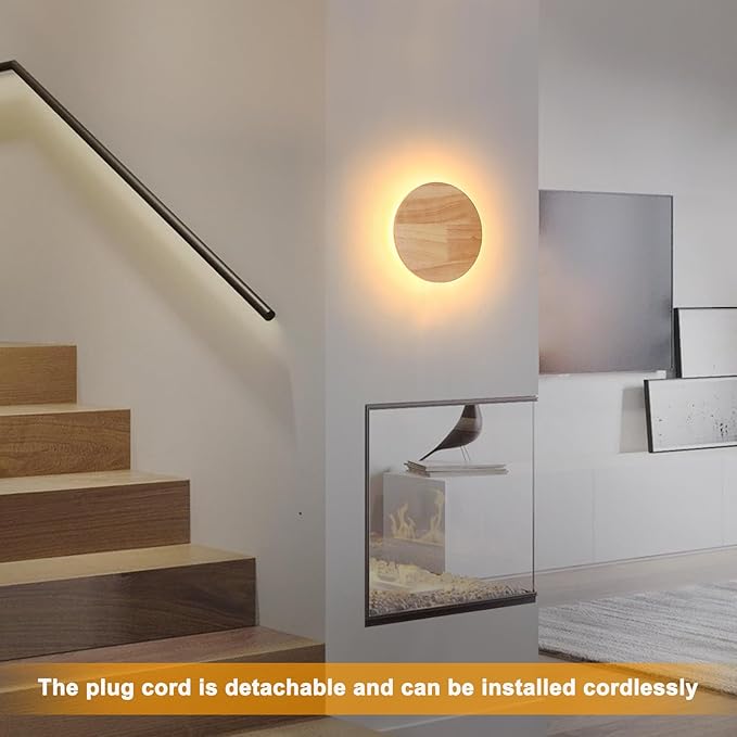 Modern Minimalist Plug in Wall Sconces, Plug-in Or Cordless 7.9'' Round Wood - Image 5