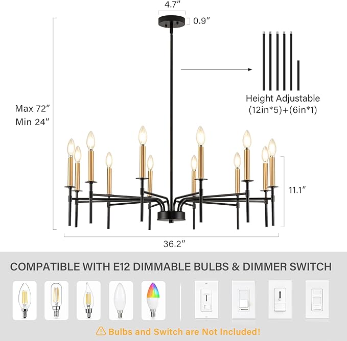 12 Light Modern Farmhouse Black and Gold Chandeliers - Image 6