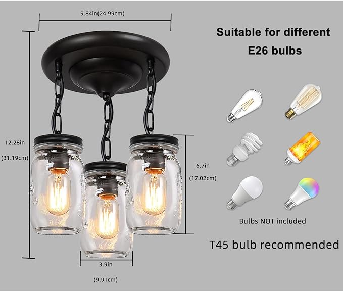 Glass Mason Jar Light Fixtures, 3-Lights Pendant Ceiling Lights Flush Mount - Image 3
