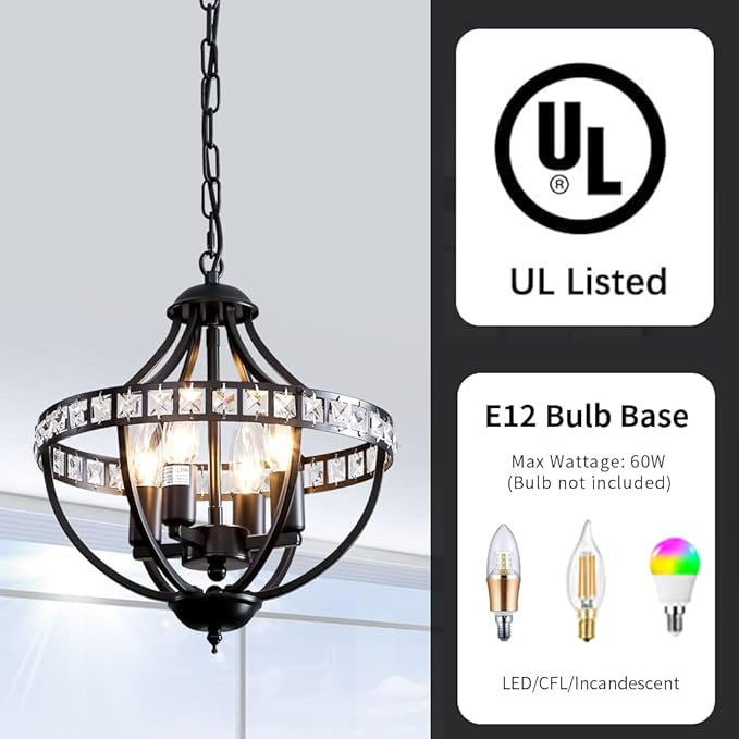 Crystal Chandelier Light Fixtures, 4-Lights Farmhouse Rustic Vintage Black - Image 2
