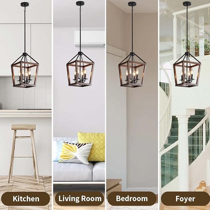 Farmhouse orb Metal Chandelier，4-Light Vintage Handmade Rustic Wood Pendant - Image 2