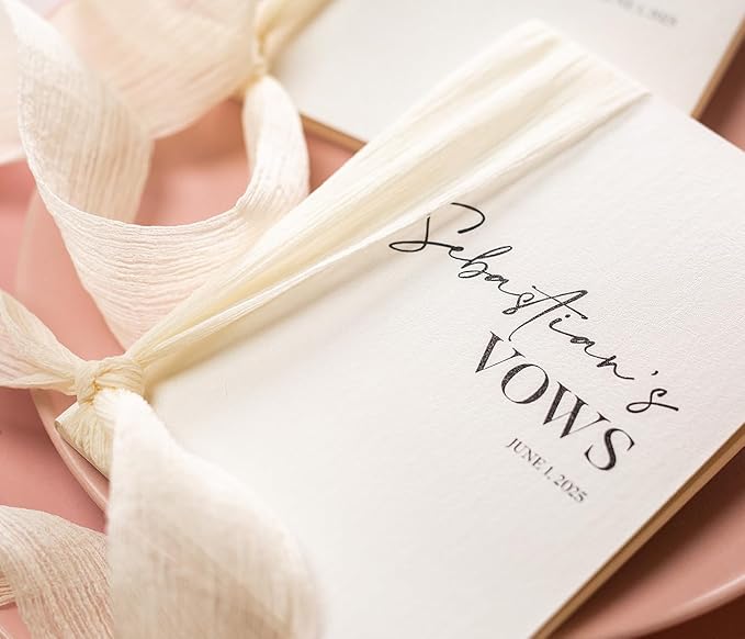 Modern Album Designs Set of Custom Slim White Vow Books w/Ribbon - Image 6