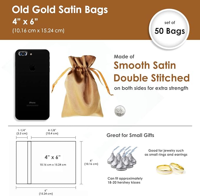4" x 6" Old Gold Satin Gift Bags, Jewelry Bags, Wedding Favor Drawstring Bags - Image 4