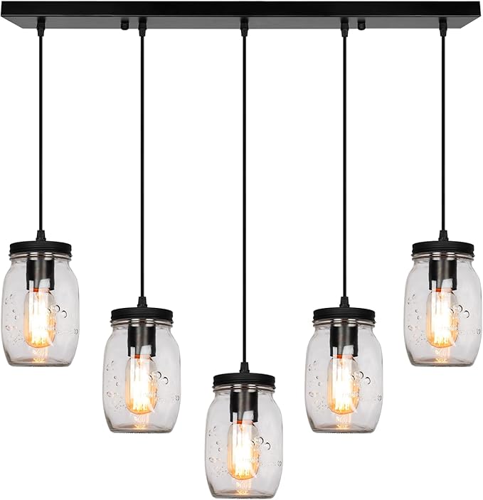 Glass Mason Jar Light Fixtures, 5-Light Adjustable Height Pendant Ceiling by Jasopaco