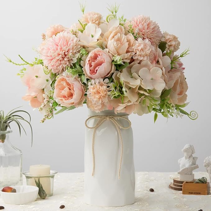 LESING Artificial Peony with Vase Silk Flowers Bouquets Fake Hydrangea Bulks by LESING