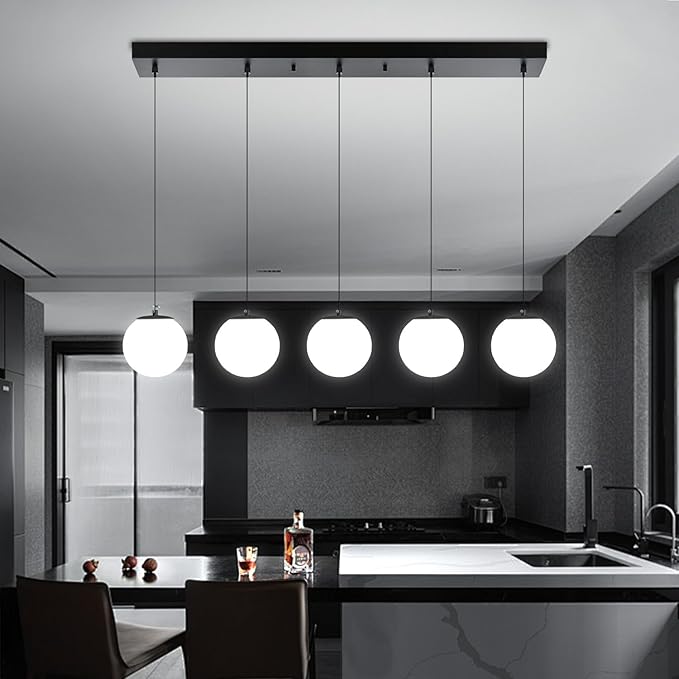 5-Lights Globe Pendant Light for Kitchen Island H 98" Black Rectangle - Image 6