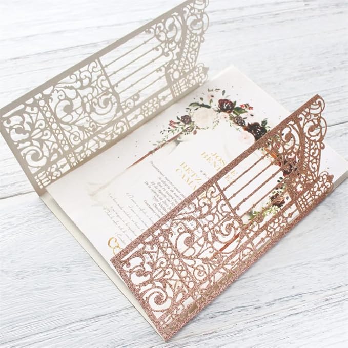Glittery Hollow Rose Gold Invitations Gate Design - Image 6
