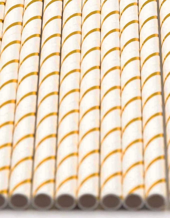 Pack of 300 Gold Foil Stripes Biodegradable 4-Ply Paper Drinking Straws - Image 3