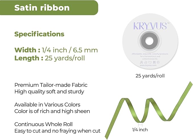 Olive Green Satin Ribbon 1/4 inch X Continuous 25 Yards, Single Face Polyester - Image 3