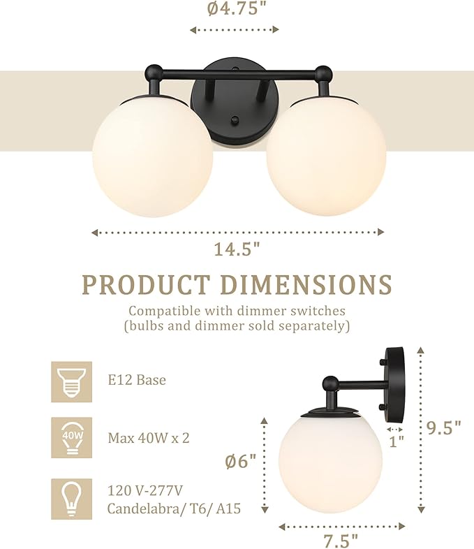 Black Vanity Light, 2 Light Black Modern Bathroom Light Fixtures Over Mirror - Image 4