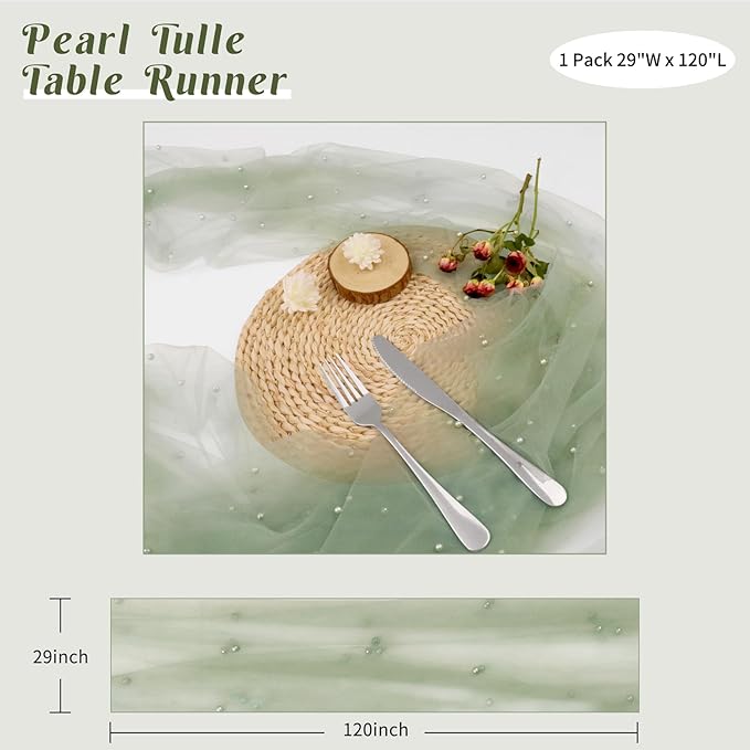 Pearl Table Runner 29 x 120 Inch Tulle Fabric Lace Table Runners Boho Rustic - Image 2