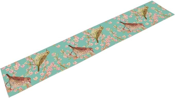 Table Runner with Flowers and Birds, Spring Plant Flowers Table Decoration - Image 2