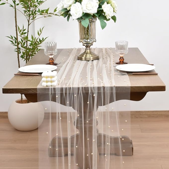 Joanlody Fall Pearl Table Runner 10ft Rustic Boho Tulle Table Runner - Image 2