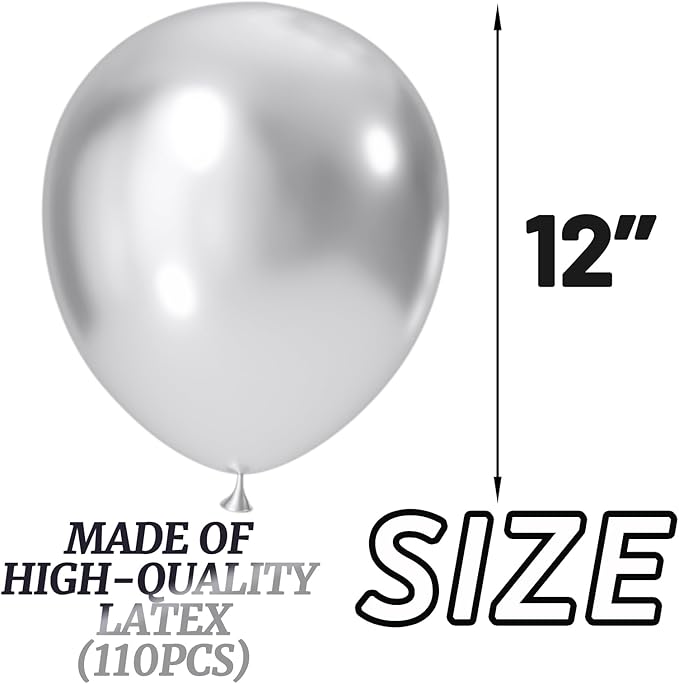 110pcs Metallic silver Balloons, Metallic silver Latex Balloons 12 inch - Image 2