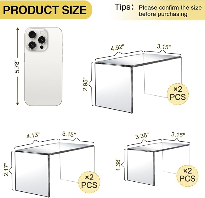 6 Pcs Acrylic Display Risers, 2 Sets Small Size Clear Shelf Riser, 0.15" Thick - Image 2