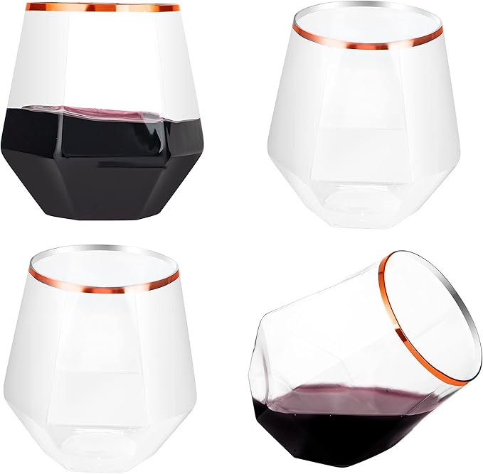 LUODA 32 Pack Rose Gold Diamond Wine Glasses, 12 Oz Stemless Rose Gold Rim Wine by LUODA