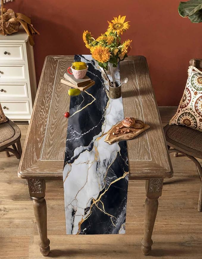 Black White Marble Cotton Linen Table Runner - Image 4