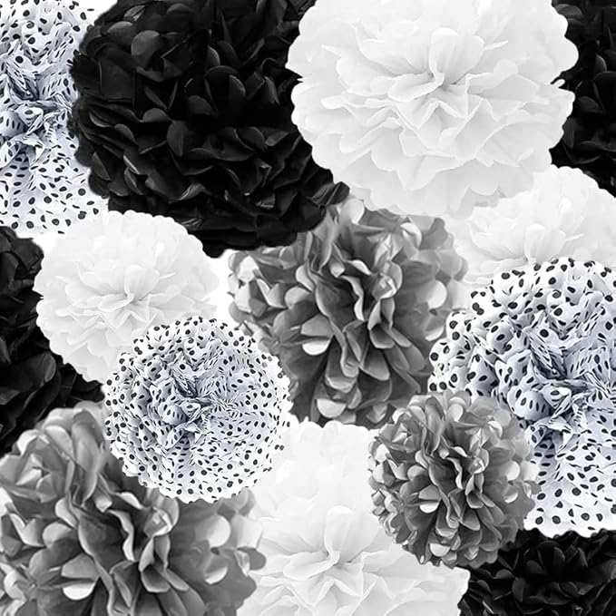 Tissue Paper Pompoms Paper Flower 22 Pcs Black, Polka Dot by BRT+Bearingshui