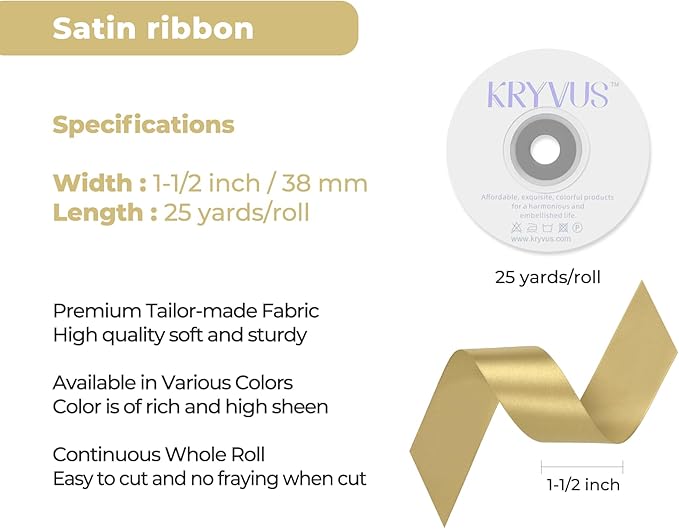 Light Gold Satin Ribbon 1-1/2 inch X Continuous 25 Yards, Single Face Polyester - Image 3