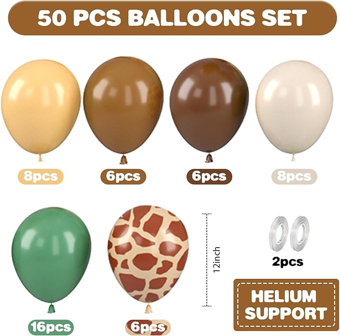 Jungle Balloons, 12 Inch Green and Brown Balloons, Sage Green Brown Apricot - Image 2