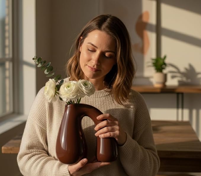 Brown Ceramic Vase – Glossy Modern Sculptural Décor, Arch Handle Artistic Design - Image 5