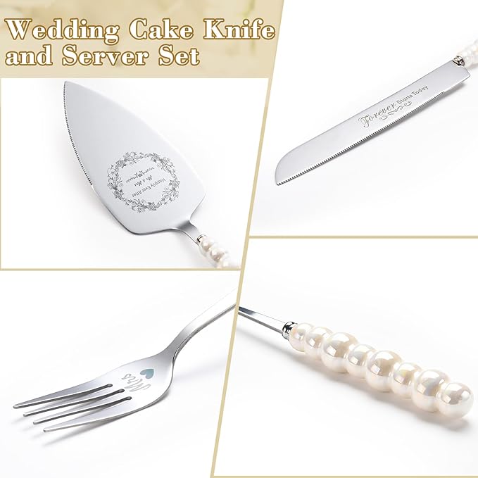 Wedding Cake Knife and Server Set, Ceramic Pearl Handle Cake Cutting Set - Image 4
