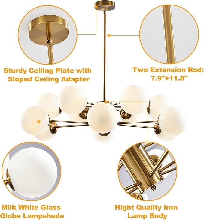 KCO Lighting 12-Light Glass Globe Sputnik Chandelier Light Fixture Mid Century - Image 3