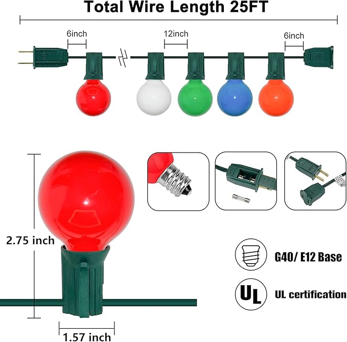 SUNSGNE 25Ft Outdoor Multicolor Christmas Lights, G40 Globe Patio String Lights - Image 2