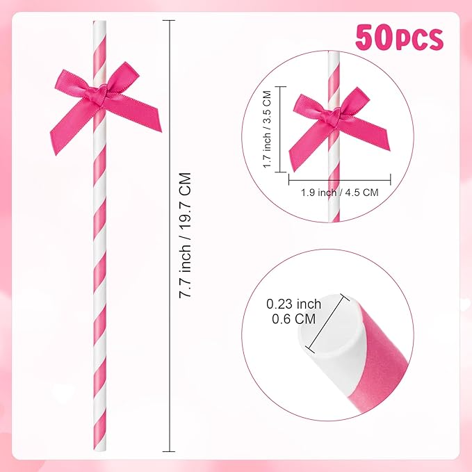 50 Pcs Rose Red Paper Straws for Drinking, Bow Disposable Striped Paper Straws - Image 3
