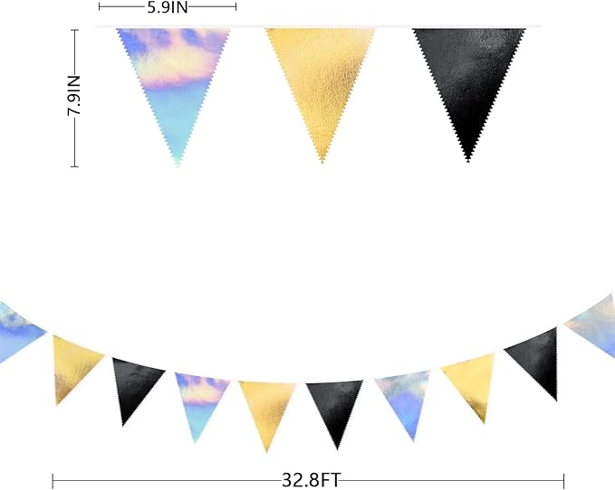 Black Gold Iridescent Party Decorations Triangle Pennant Banner Flag Metallic - Image 2