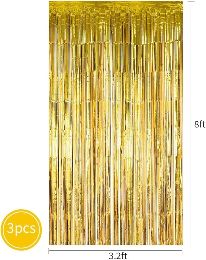 3Pcs Gold Metallic Tinsel Foil Fringe Curtains, 3.2ft*8ft Gold Photo Booth - Image 2