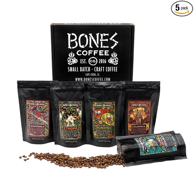 Bones Coffee Company NEW World Tour Sample Pack, Single-Origin Flavored Coffee by BonesCoffeeCompany