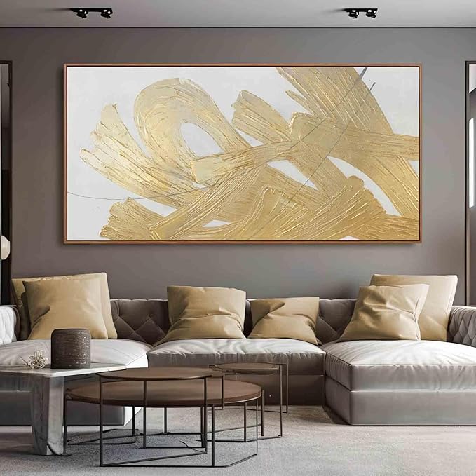 XIANSHOU Gold and White Canvas Wall Art Abstract Wall Artwork Neutral Wall - Image 2