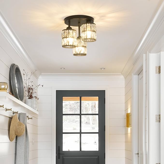 Modern Semi Flush Mount Ceiling Light, 3-Light Black Crystal Close to Ceiling - Image 3