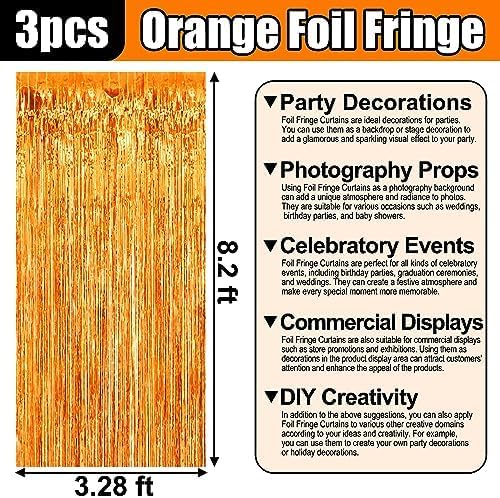 3 Pack Macaron Orange Foil Fringe Curtain Backdrop, 3.28Ft x 8.2Ft Metallic - Image 3