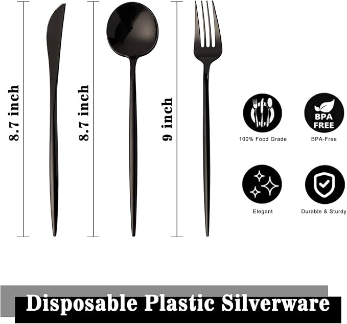 180PCS Black Plastic Silverware, Heavy Duty Disposable Utensils Include 60 Forks - Image 2
