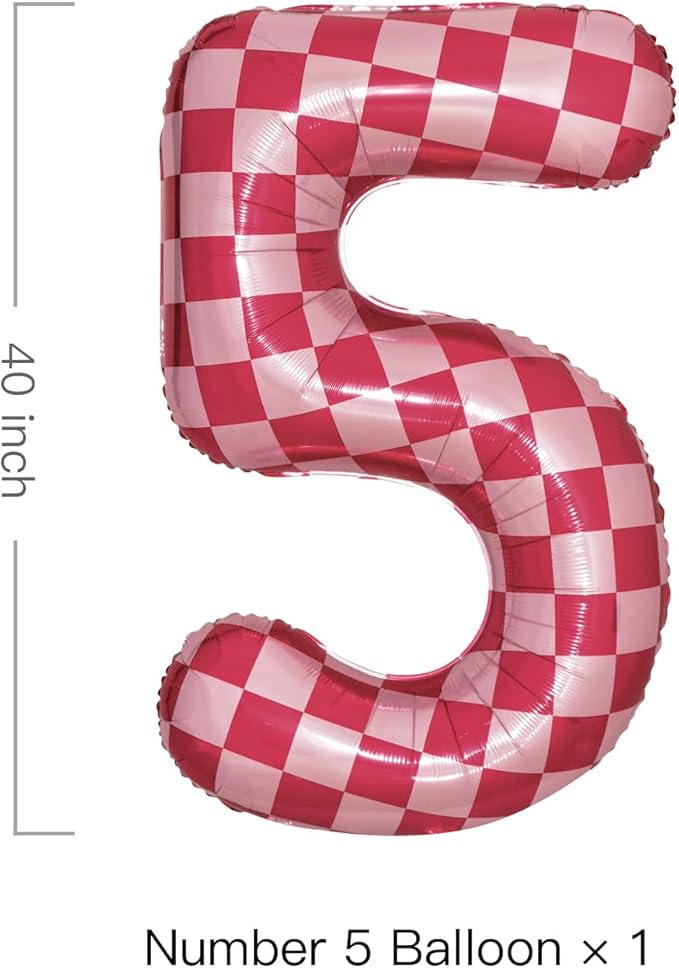 40 Inch Pink Checkered 5 Balloon Large Hot Pink Number Balloons - Image 2