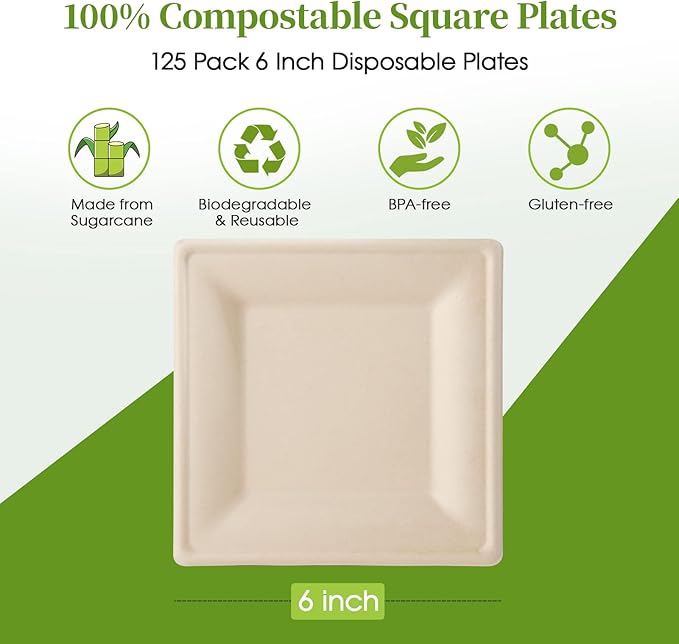ECOLipak 125 Pack Compostable Square Paper Plates 6 inch Disposable, - Image 2