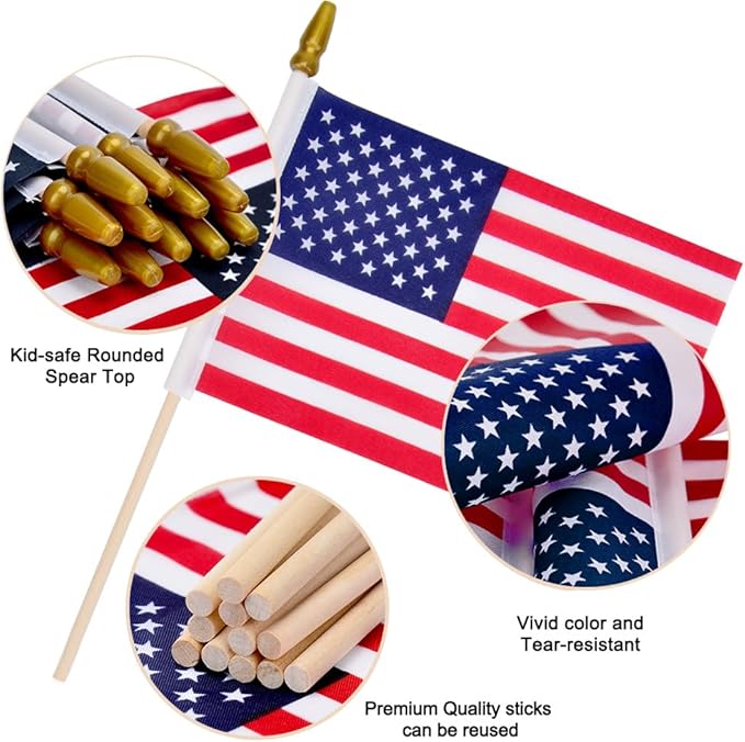 6 Pcs 8x12 Inch American Flags on Stick, Small US Wood Stick Flag - Image 3