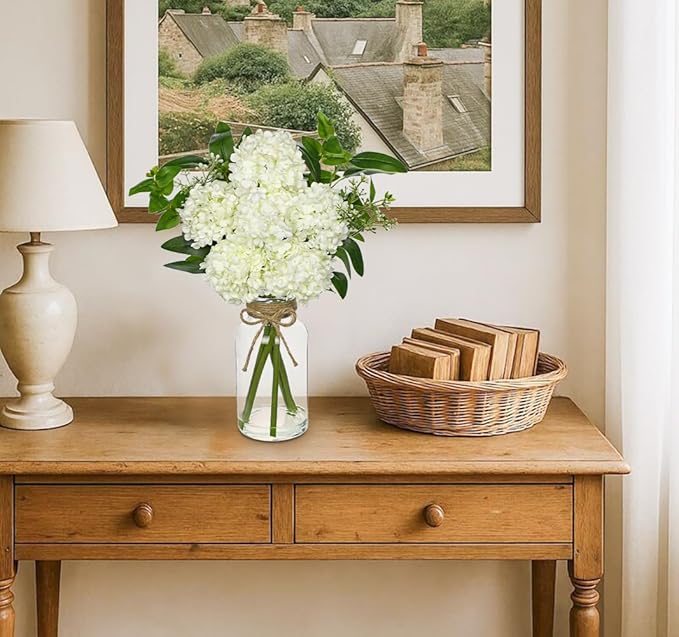 Hollyone White Hydrangea Artificial Flowers in Clear Glass Vase - Image 5