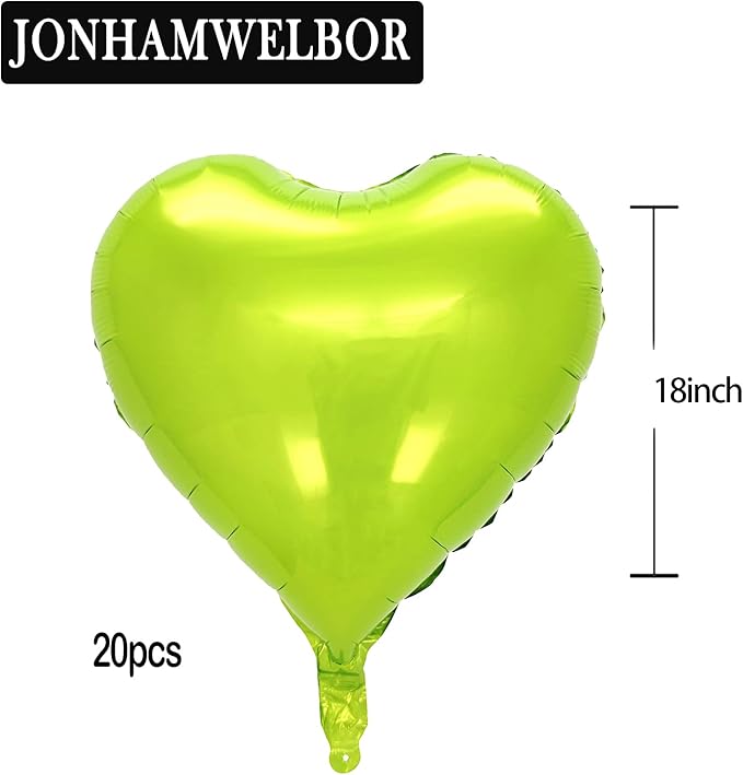 Jonhamwelbor 20Pcs 18 inch Lime Green Foil Mylar Heart Shape Balloons - Image 2